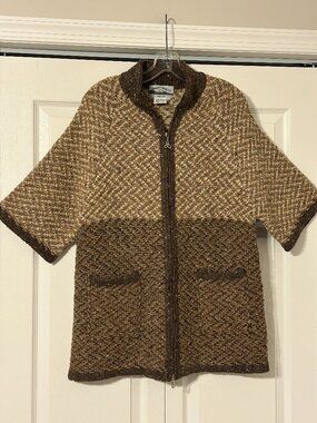 ARAN CRAFTS Sz M 100% Wool Two Way Zip Colorblock Tweed Sweater Ireland